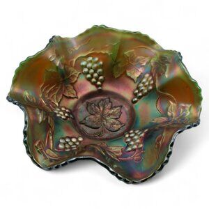 Vintage Fenton Carnival Glass Grape & Vine Ruffled Bowl